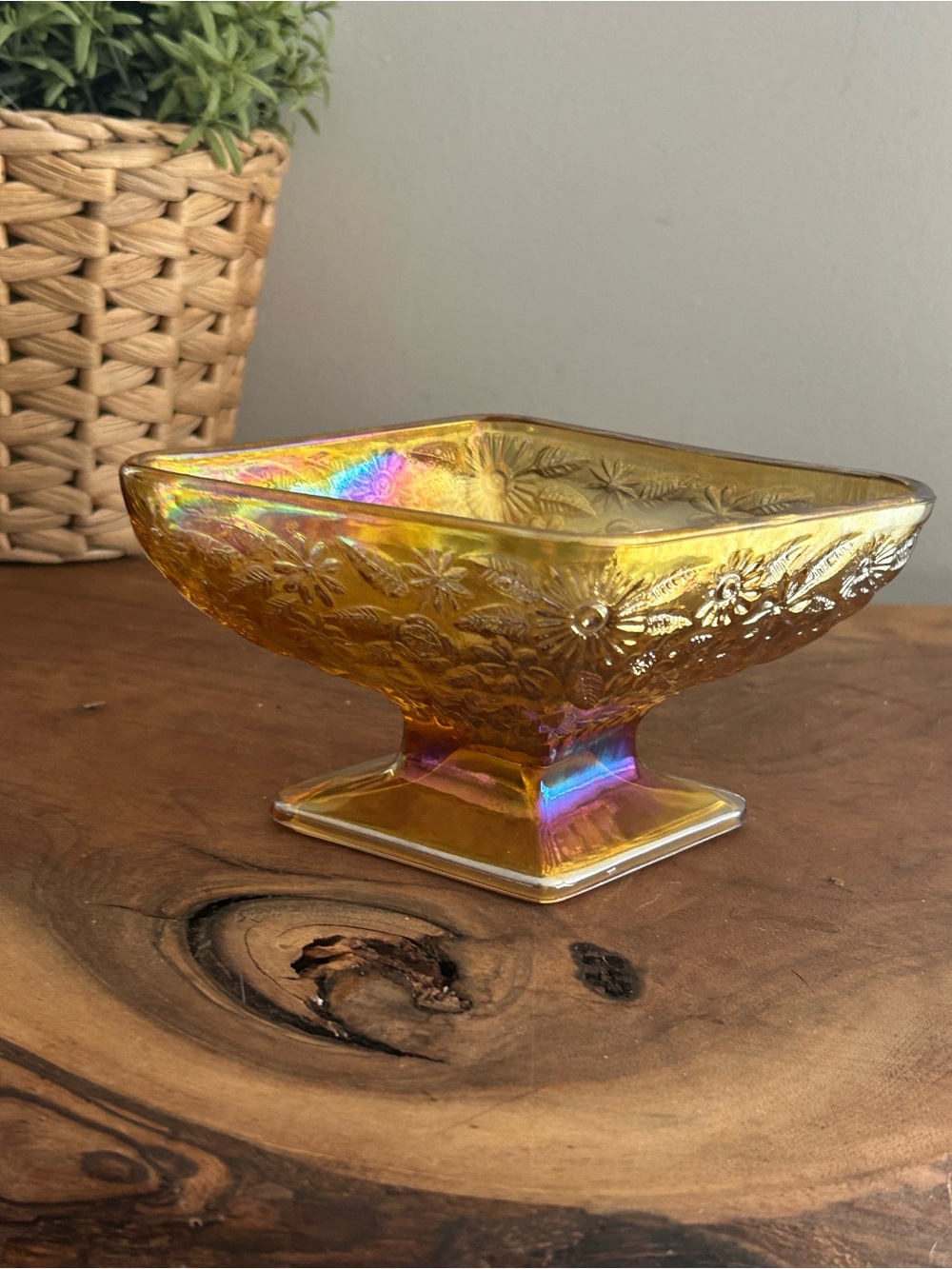 Vintage Amber marigold Carnival Glass Pedestal Diamond Shaped Bowl Candy Dish